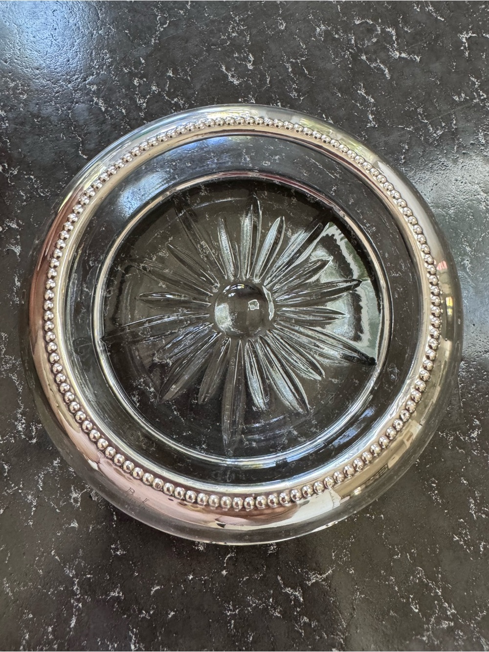 FB ROGERS STERLING SILVER Vintage Starburst Cut Glass Silver Beaded Rim Coaster
